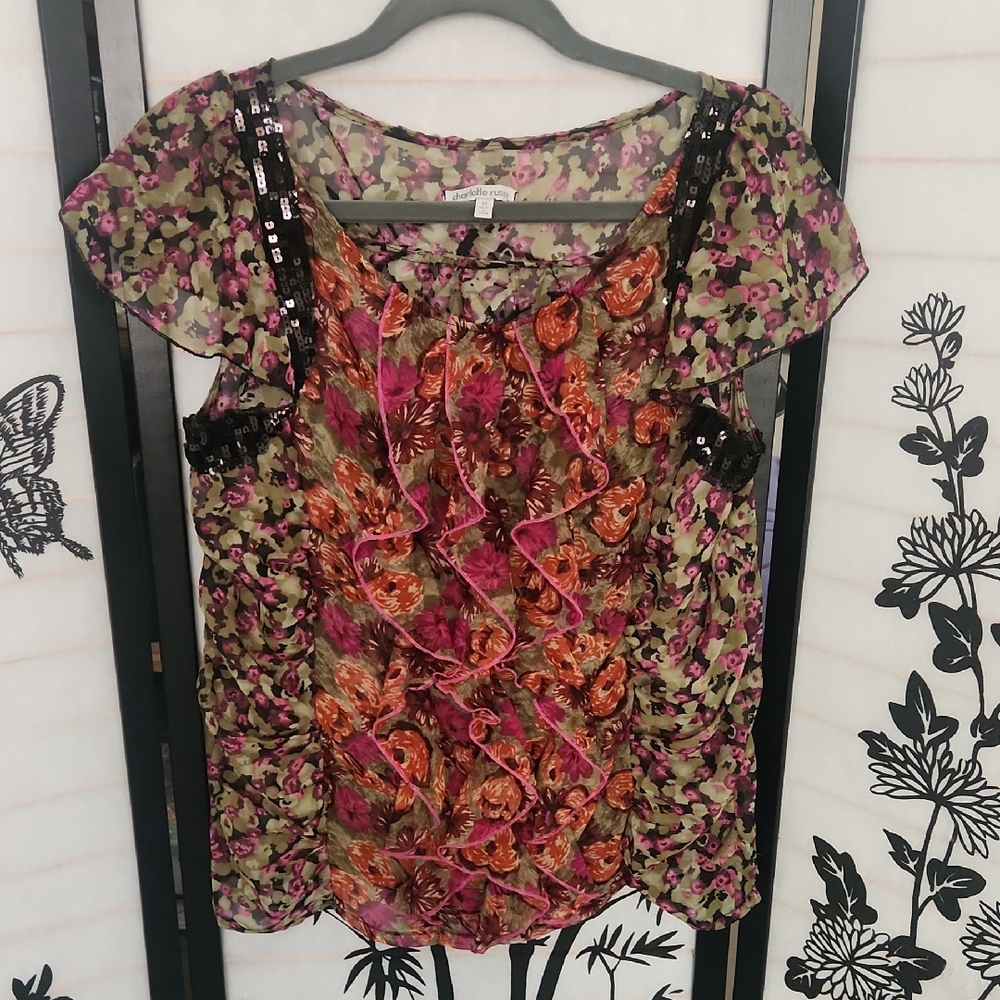 Charlotte Russe Blouse Medium Sheer Floral Multicolor Sequins Ruffle Sleeve